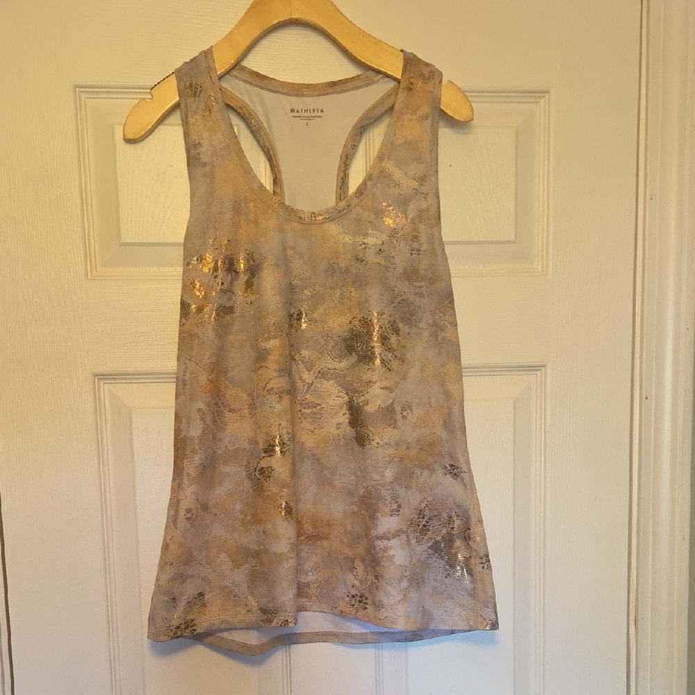 Athleta Metallic Gold and Cream Workout Top, Size L